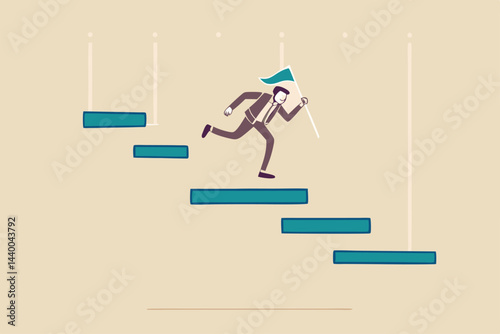 Project management waterfall Gantt chart to track complete tasks and workflow to deliver or launch target timeline concept, businessman project manager jump on project management Gantt chart.