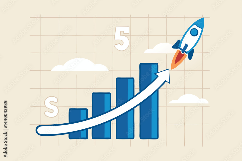 Fototapeta premium Exponential growth or compound interest, investment, wealth or earning rising up graph, business sales or profit increase concept, financial report graph with exponential arrow from flying rocket.