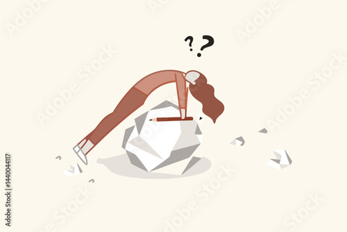 Run out of idea and imagination, lack of motivation or uninspired causing time wasted, failure and mistake concept, overwhelmed creative woman lie down on crumpled paper after fail of idea creation.