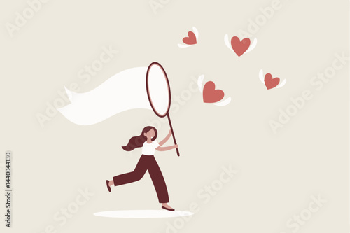 Searching for passion, motivation or work inspiration, finding relationship, romance dating, desire or aspiration concept, business woman using butterfly net to catch flying passionate lovely heart.