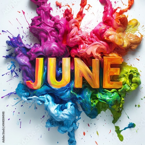 Abstract paint explosion forming JUNE letters vivid rainbow palette square dynamic typography focus Image