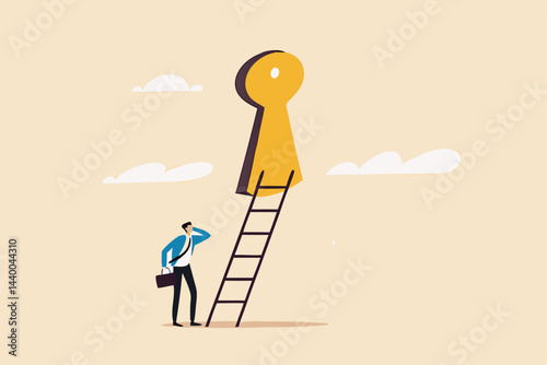 Business opportunity or ladder of success, challenge ahead for career development and personal improvement, motivation and inspiration concept, businessman climbing up ladder through secret keyhole.