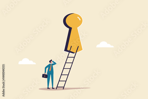 Business opportunity or ladder of success, challenge ahead for career development and personal improvement, motivation and inspiration concept, businessman climbing up ladder through secret keyhole.