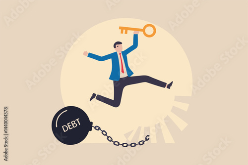 Debt free or freedom for pay off debts, loan or mortgage, solution to solve financial problem, savings or investment to break free, happy businessman holding golden key after unlock debt burden chain.