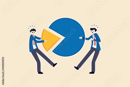 Market share percentage of industry sale, business competitor fight or battle to gain more sale concept, businessman fighting for more market share pie chart.