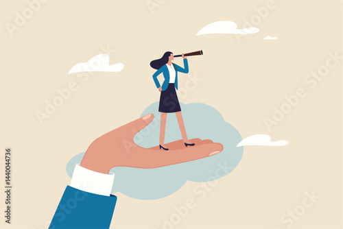 Business visionary, looking for career opportunity, female or woman leadership, business direction or discovery concept, confidence businesswoman with telescope on giant hand empower her to see future