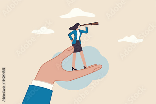 Business visionary, looking for career opportunity, female or woman leadership, business direction or discovery concept, confidence businesswoman with telescope on giant hand empower her to see future