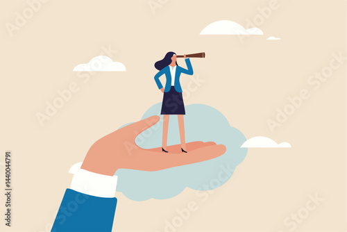 Business visionary, looking for career opportunity, female or woman leadership, business direction or discovery concept, confidence businesswoman with telescope on giant hand empower her to see future