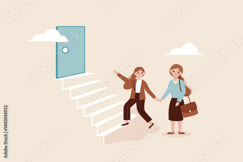 Employee encouragement, manager advice, guidance, stairway to success or new opportunity, career development concept, supportive businesswoman manager encourage employee to step on stair to success.