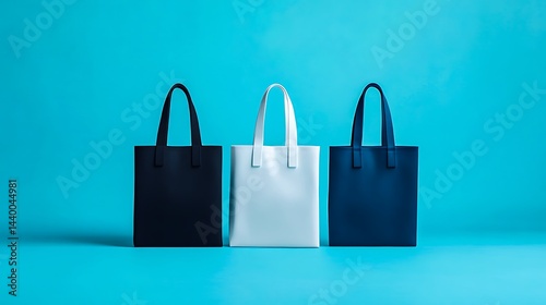 Minimal shopping tote bags in black, white, and navy colors on vibrant blue background

