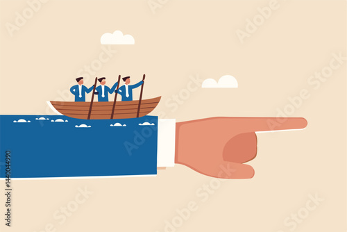 Team direction, business decision or leadership, guidance or strategy to achieve success, determination and inspiration concept, business people team members sailing ship on boss pointing direction.