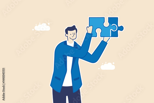 Solve problem or solution to achieve business success, decision, creativity or skill to overcome difficulty and finish work concept, smart businessman solving jigsaw puzzle problem.