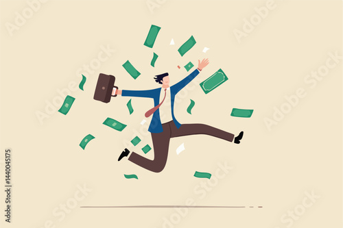 Success businessman achieve financial freedom, happy millionaire with plenty of money and wealth, income or salary increase or career opportunity concept, happy businessman jump high with money rain.