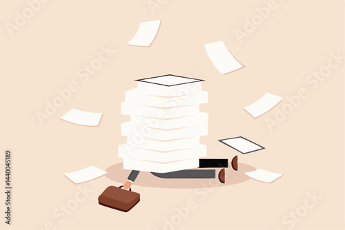 Overwork and overload work make employee exhausted and stressed leads to depression, burnout and low efficiency, fatigue business woman buried under pile of paperwork or unfinished work near deadline.