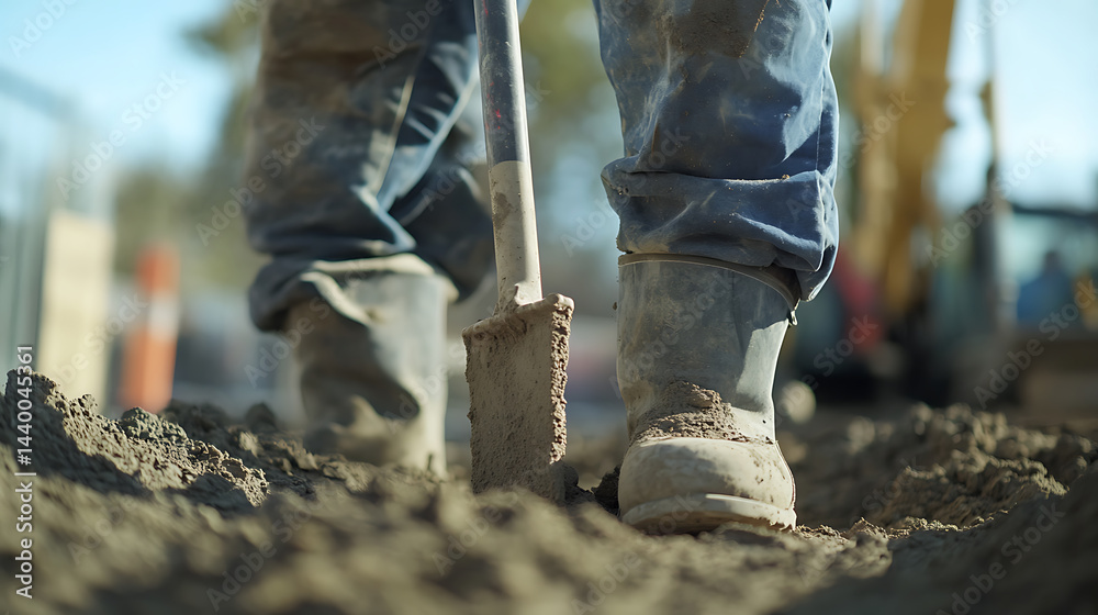 Obraz premium Construction Worker Using Shovel on Dirt