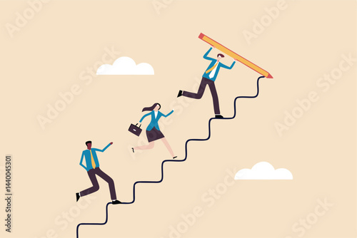 Leader to guide team to achieve success, manager to develop career path or improvement plan, growth or progress concept, businessman leader draw stair with pencil to lead team walk up to target.