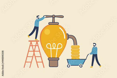 Idea to make money, earning or profit from business creativity, financial advise to gain more wealth or success rich investor concept, businessman open lightbulb idea faucet to earn money coins.