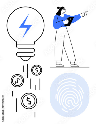 Woman holding tablet and gesturing, bulb with lightning, coins falling, fingerprint symbol. Ideal for innovation, technology, finance, security, brainstorming modern design simple landing page