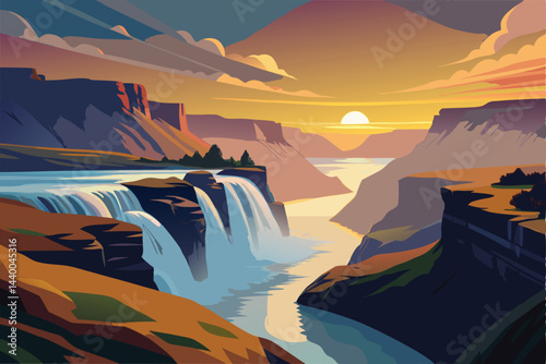 Stunning Waterfall Landscape at Sunset in a Canyon