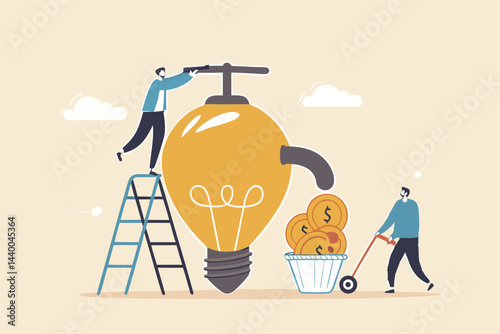 Idea to make money, earning or profit from business creativity, financial advise to gain more wealth or success rich investor concept, businessman open lightbulb idea faucet to earn money coins.