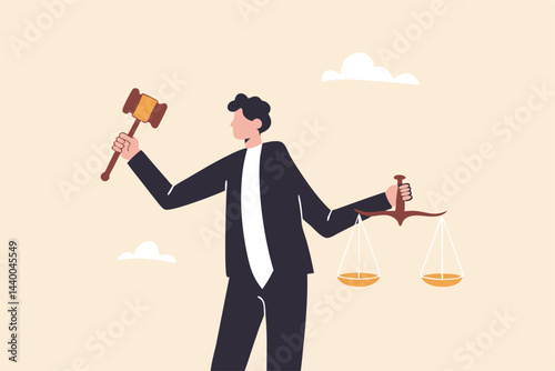 Legal verdict, judgement or law and justice, lawyer, attorney or ethics, lawsuit and jury concept, businessman attorney or lawyer holding gavel and equality scale on other hand.