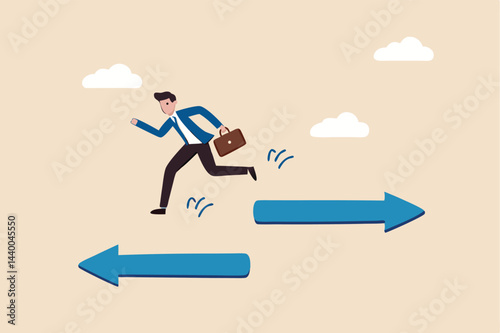 Change career, decide to go different path or direction, challenge to find new way or opportunity, progress to other choice or journey concept, businessman change from arrow sign to other direction.