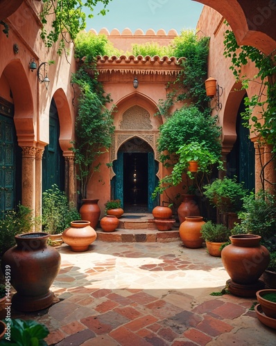 Fototapeta Naklejka Na Ścianę i Meble -  Traditional Arabic courtyard with greenery and clay water pots, eco-lifestyle