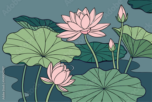 Top View Of Lotus Flowers In A Pond Green Leaves