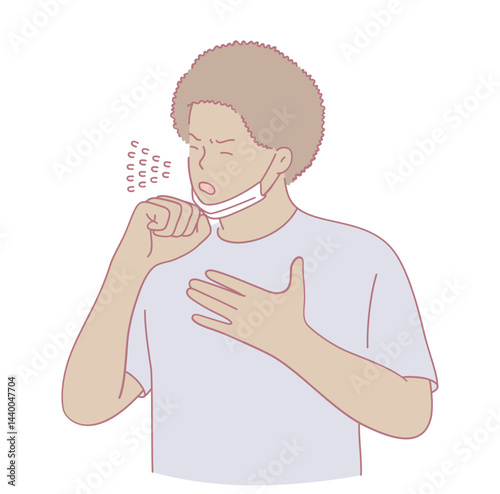 This is an illustration showing a person who is coughing while donning a mask, highlighting critical health and safety