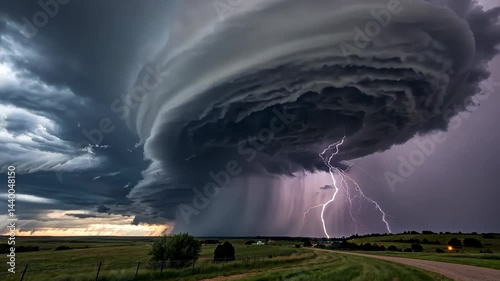 Powerful storm clouds swirl dramatically over the plains as lightning strikes in the evening sky Generative AI
