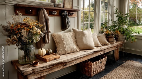 Fototapeta Naklejka Na Ścianę i Meble -  Cozy rustic entryway bench with fall decor and natural light ambiance