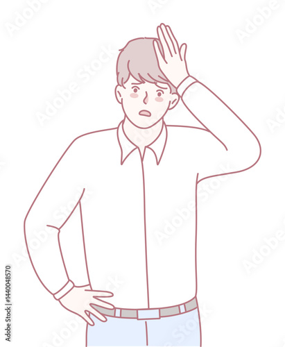 A man is showing his frustration by dramatically placing his hand on his forehead, striking a thoughtful pose