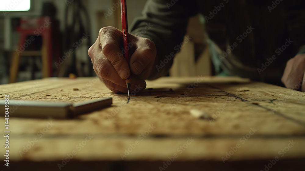 Craftsman Drawing Lines on Wood with a Pencil Craftsman Drawing Lines on Wood with a Pencil