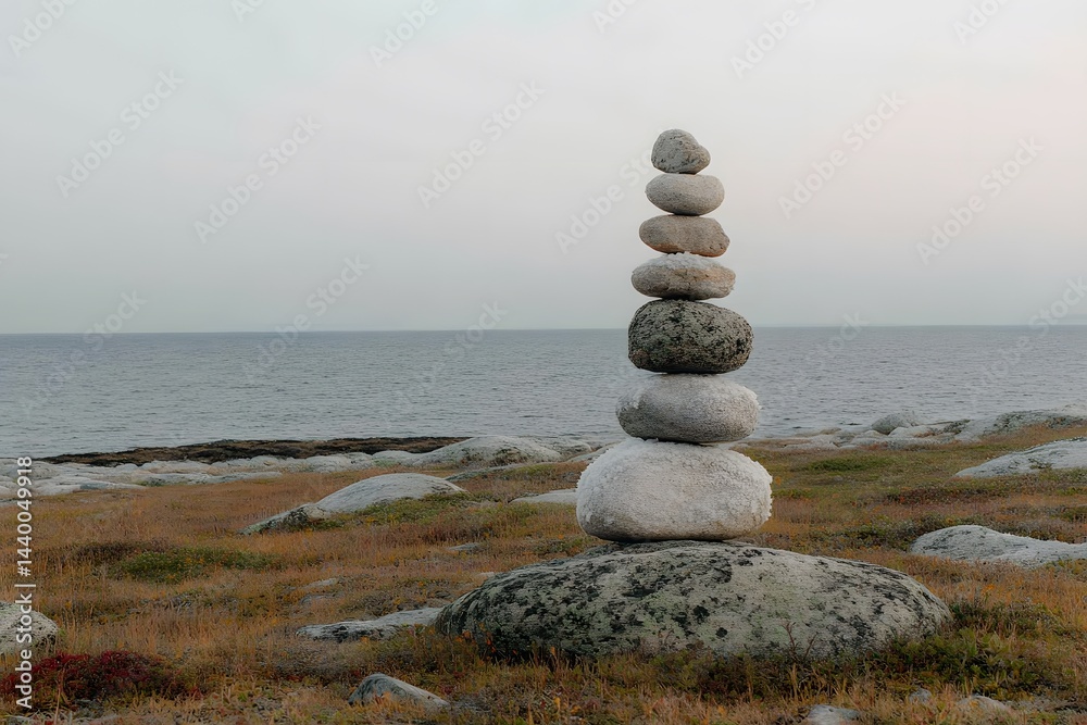 Fototapeta premium Balanced stones stack near ocean tranquil scene coastal rocks zen meditation