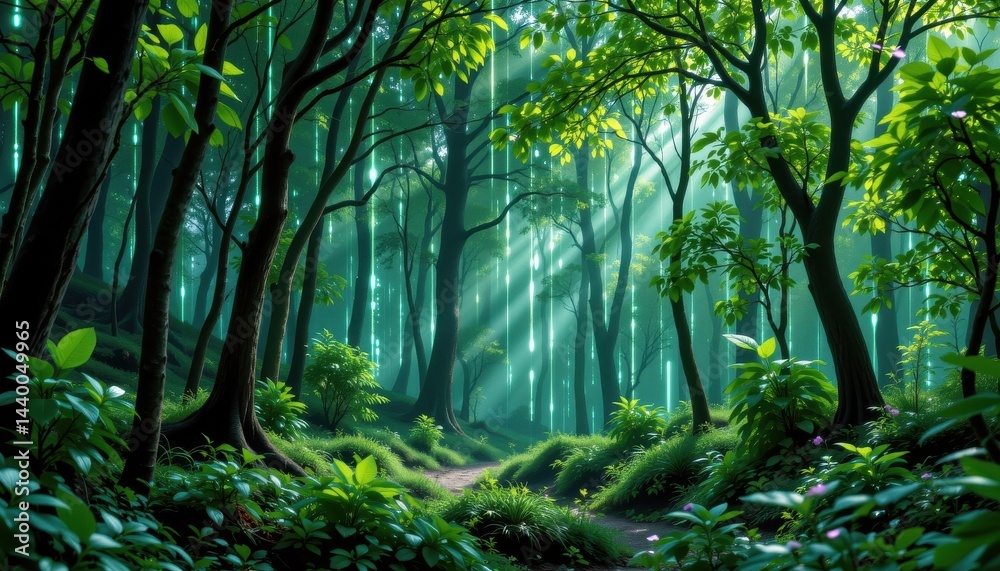 Fototapeta premium digital rain forest a lush, green forest where trees are composed of luminous lines and data streams flowing through.