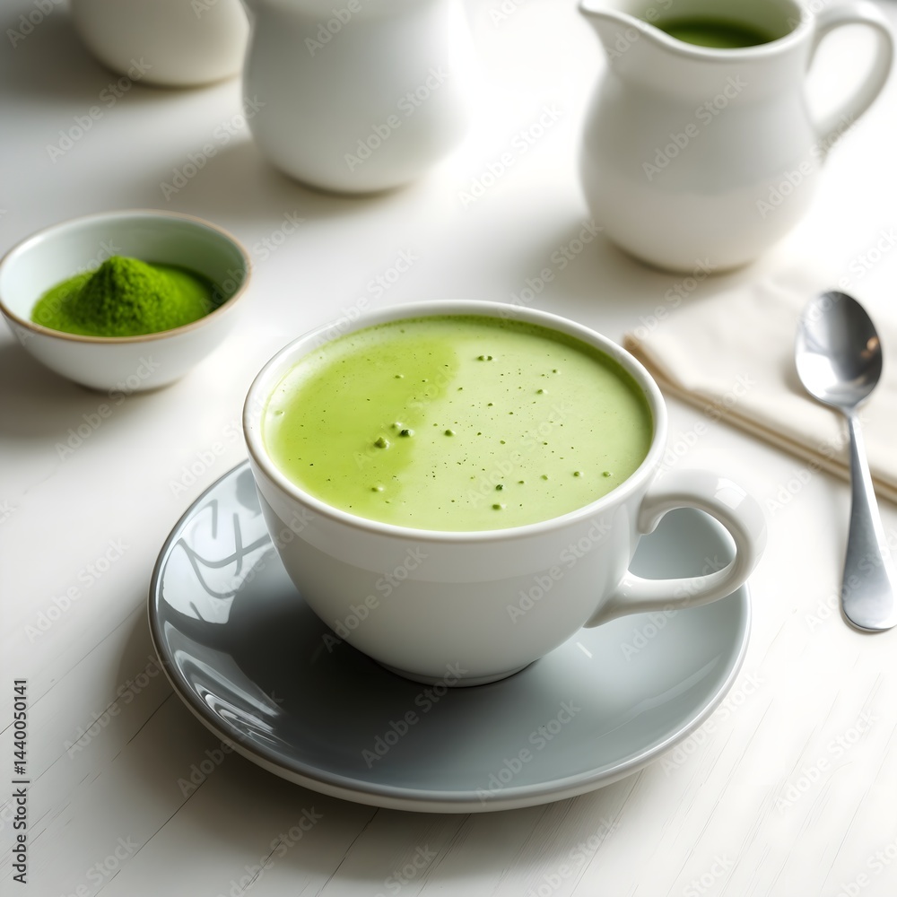 Creamy Matcha Latte in White Cup with Grey Saucer, Matcha Powder and Milk Pitcher on White Table Creamy Matcha Latte in White Cup with Grey Saucer, Matcha Powder and Milk Pitcher on White Table