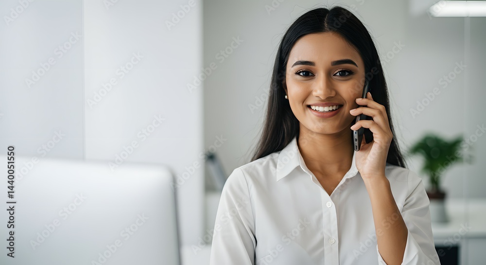 Confident Businesswoman on a Phone Call, Smiling and Professional in Modern Office Setting Confident Businesswoman on a Phone Call, Smiling and Professional in Modern Office Setting