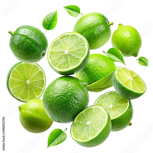Limes Falling A Refreshing Green Citrus Burst Isolated on White Background  
 photo