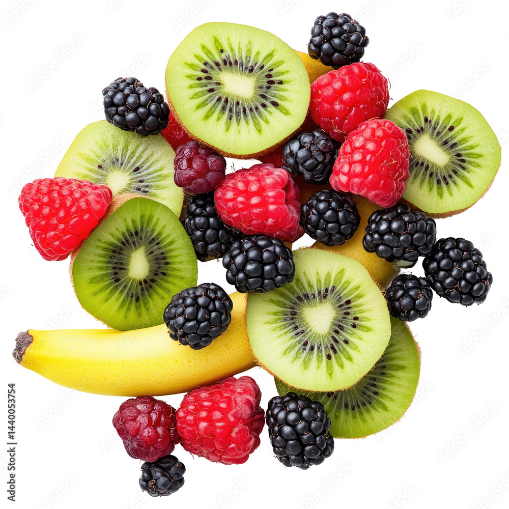 Colorful fruit mix of kiwi, raspberries, blackberries, and banana Colorful fruit mix of kiwi, raspberries, blackberries, and banana