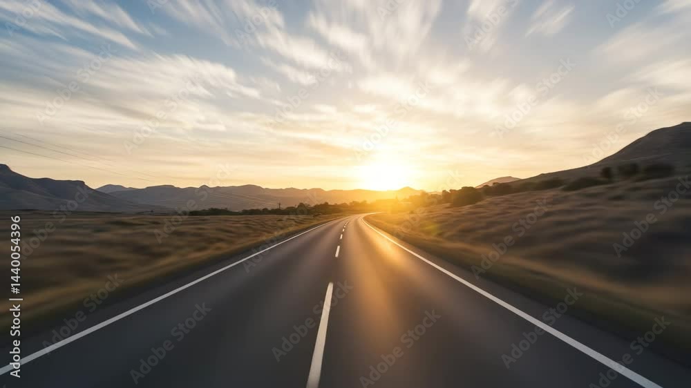 Animated view from a car while driving, dynamic road and moving background