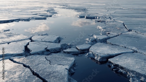 Frozen landscape with cracked ice and water.