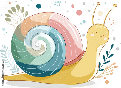 Colorful snail illustration with swirled shell resting among soft greenery