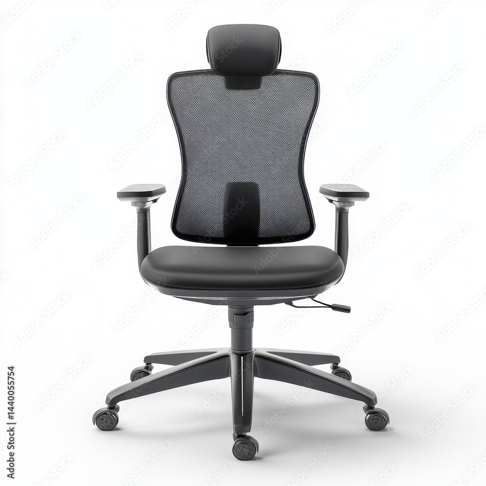 Front view of ergonomic mesh office chair with headrest, lumbar support and adjustable seating design Front view of ergonomic mesh office chair with headrest, lumbar support and adjustable seating design