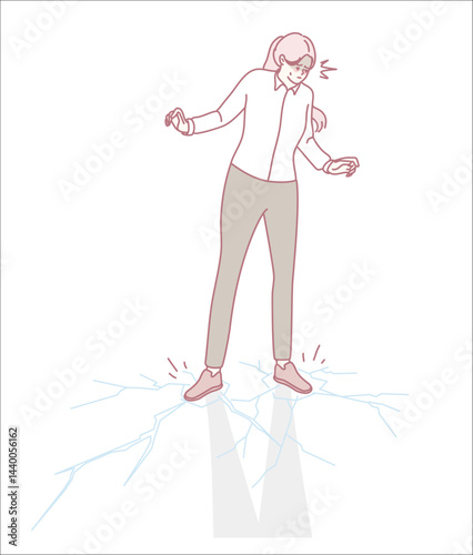A person appears hesitant while standing on a fragile, cracked surface, conveying anxiety and tension.