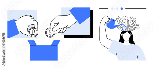 Hands placing coins marked with dollar and bitcoin into a box, and a woman watering blooming flowers on her head. Ideal for finance, growth, investment, creativity, mental health, sustainability