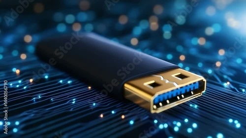 A USB flash drive rests on a glowing digital circuit board, symbolizing data storage and technology.