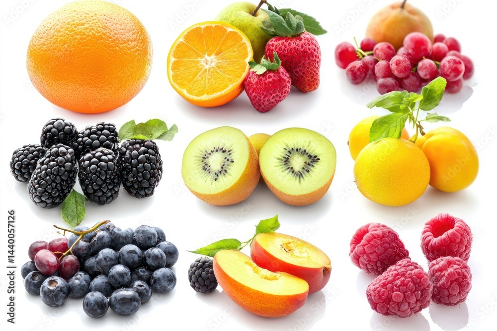 A vibrant collection of fresh fruits oranges strawberries grapes kiwi blackberries blueberries raspberries and
