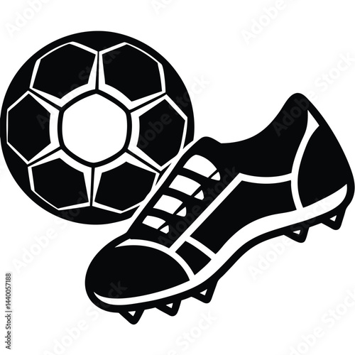 A black and white vector illustration of a soccer cleat next to a soccer ball, emphasizing the design and features of both objects