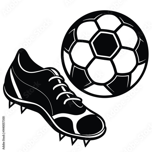 A black and white vector illustration of a soccer cleat next to a soccer ball, emphasizing the design and features of both objects