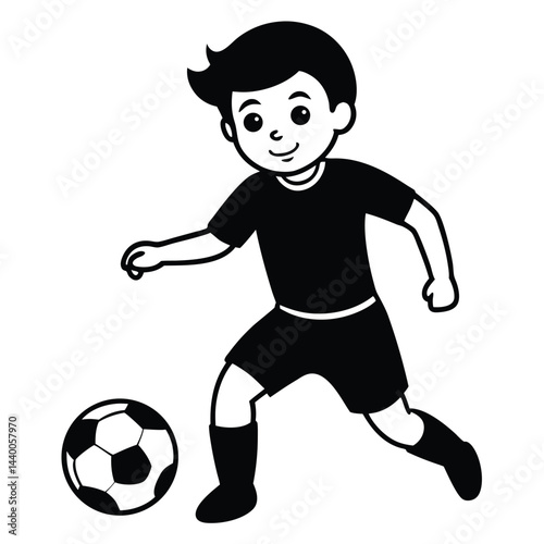 A dynamic and cheerful cartoon illustration of a young boy playing soccer, shown in full color with a focus on his energetic movement and the soccer ball